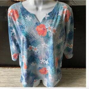Palm Grove Woman Tropical Print  Beads 3/4 Sleeve Blouse 1X